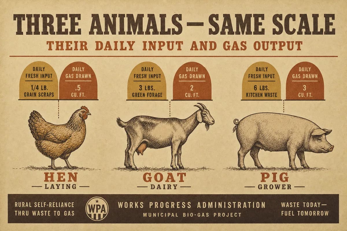 A same-scale comparison of a hen, a goat, and a pig, each labeled with its daily fresh input and daily gas output.