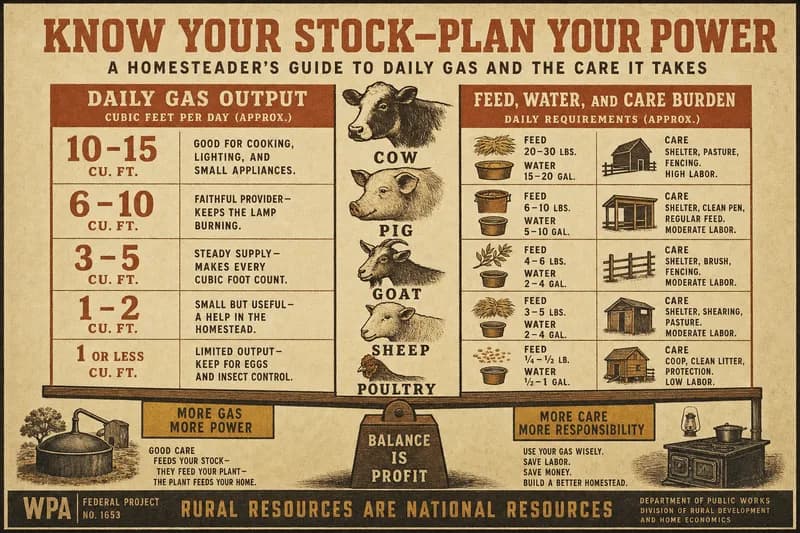 A balance chart with each animal's daily gas output on one side and its feed, water, and care burden on the other.