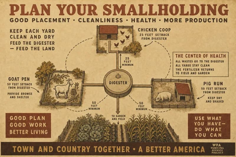 An overhead plan of a starter smallholding with a coop, a goat pen, and a pig run arranged around a shared central digester.