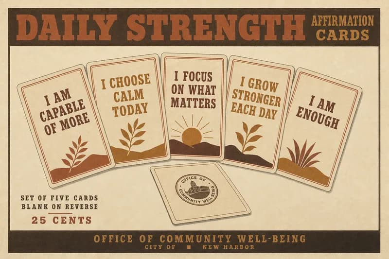 Five small printed cards fanned out on a cream background, each with a short affirmation and an official seal.