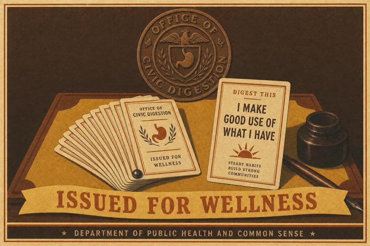A fanned deck of small printed affirmation cards on a desk blotter beneath the embossed seal of the Office of Civic Digestion, one card standing upright and facing forward, a banner reading ISSUED FOR WELLNESS.