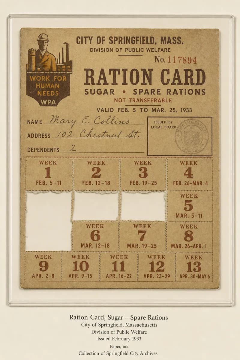 A wartime ration card under glass showing a grid of coupons, four torn away and nine remaining, with a faint corner seal.