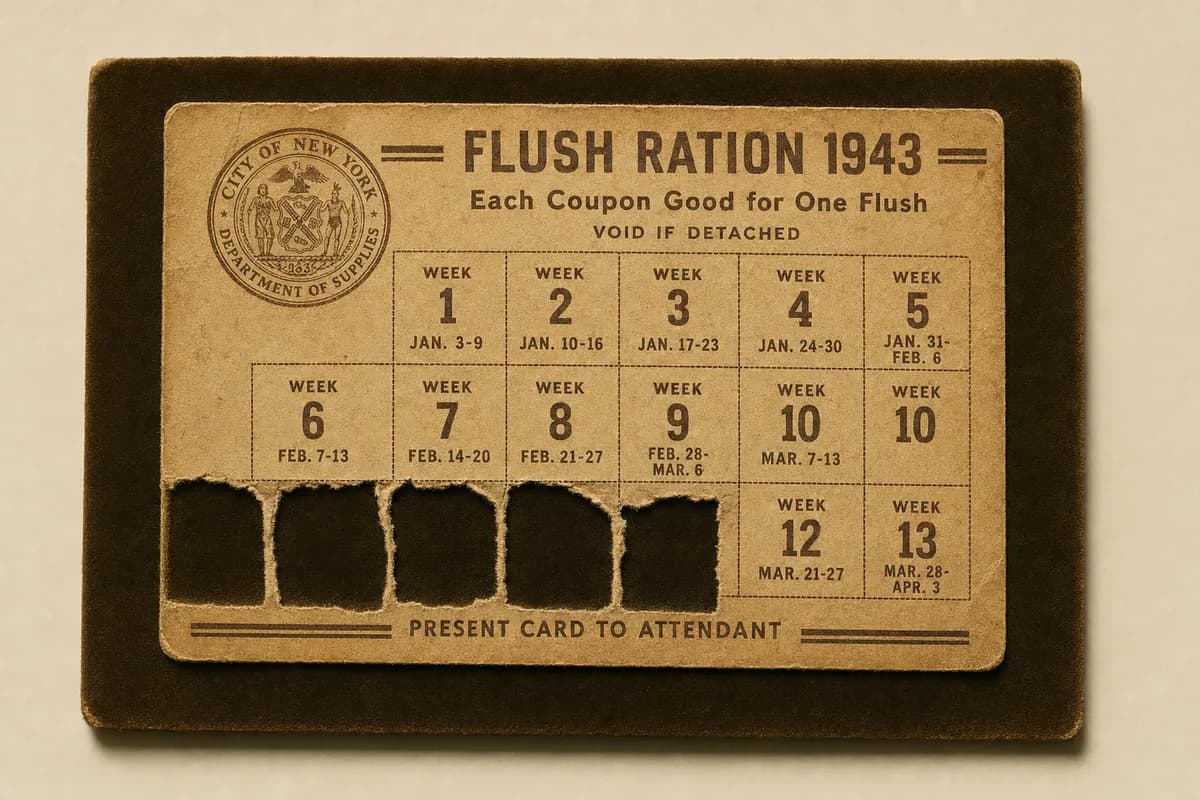 A toned wartime ration card on a cream museum mount, a printed grid of perforated weekly coupons partly torn away, a worn issuing-office seal at one corner.