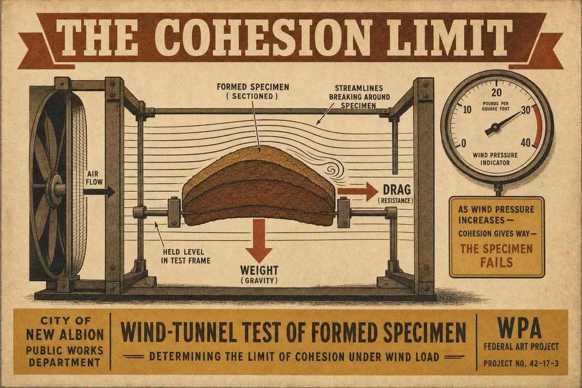 A Victorian scientific cutaway of a formed specimen suspended in a wind-tunnel test frame, drag and weight vectors drawn as labeled arrows, a large dial gauge on the wall reading near its red line, and a banner below reading THE COHESION LIMIT