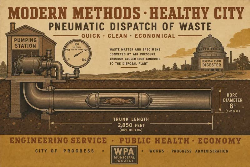 A cutaway of an underground pneumatic pipe carrying a capsule toward a domed tank, with a velocity dial at a pumping station.