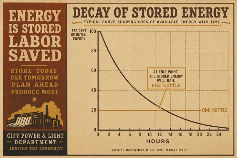 A chart showing a stored-energy curve falling steeply over several hours, annotated where it crosses a horizontal line labeled one kettle.