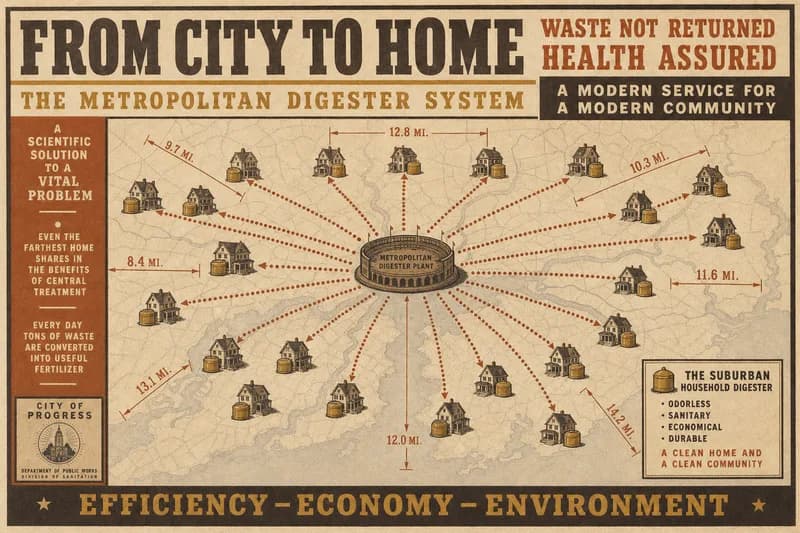 A metropolitan map with dotted arrows leaving a central stadium for scattered suburban digesters, none coming back.
