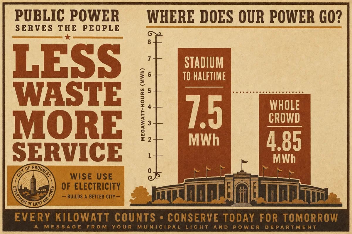 A bar chart in which a whole-crowd output bar falls short of a taller bar for the stadium's consumption by halftime.