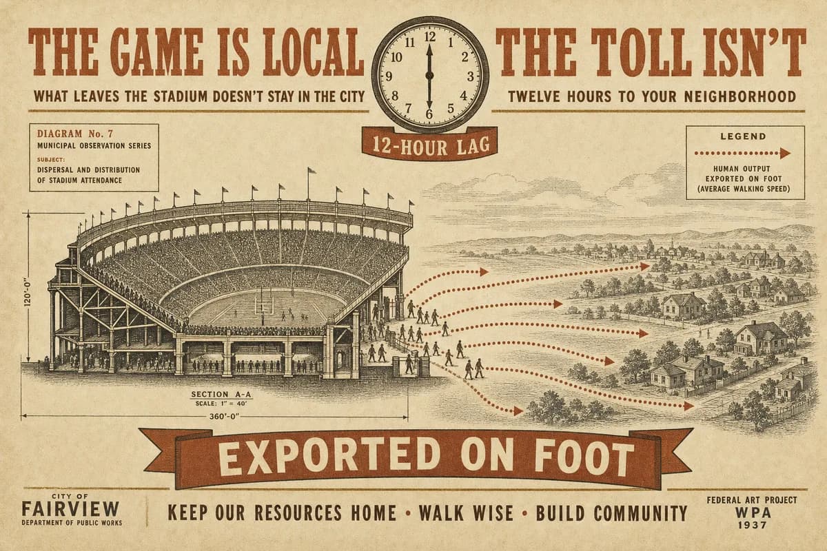 A Victorian scientific diagram of a full stadium bowl with dotted output arrows streaming out through the turnstiles toward distant suburban houses, a large clock marking a twelve-hour lag, cross-hatched engraving under a banner reading EXPORTED ON FOOT