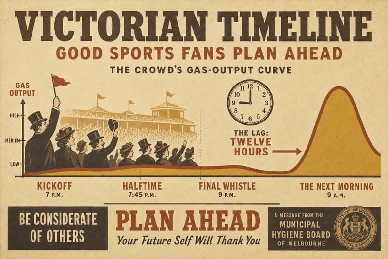 A timeline where a game runs at the left and the crowd's gas-output curve rises far to the right the next morning.