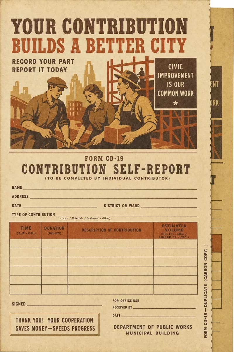 A blank municipal form with ruled fields for date, time, duration, and estimated contribution volume.