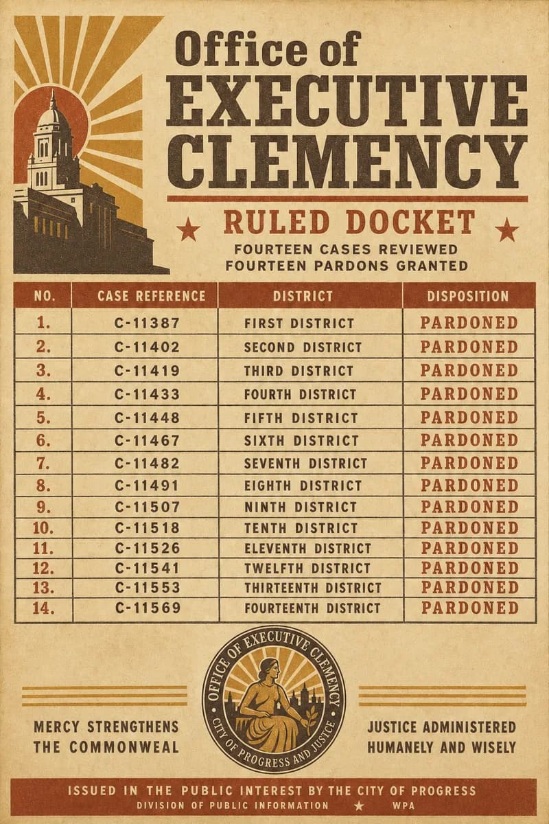 A ruled docket listing fourteen numbered clemency entries, each with a case reference and a district and a final column marked pardoned.