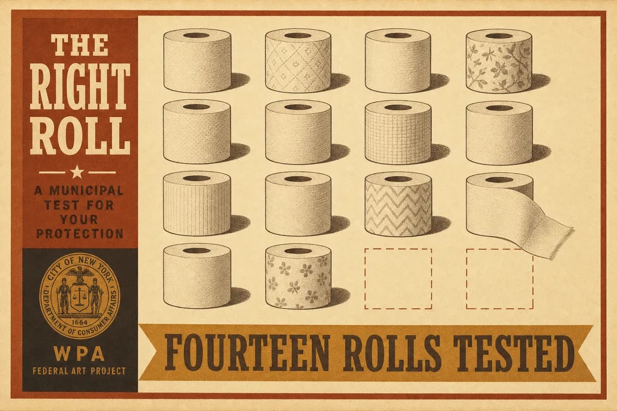 Fourteen rolls of toilet paper laid out in a tidy grid on a cream background like a swatch chart, one roll slightly unspooled, beneath the words FOURTEEN ROLLS TESTED.