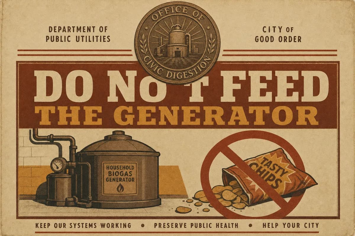 A municipal warning placard bearing the seal of the Office of Civic Digestion, depicting a household biogas generator with a red prohibition symbol over a spilled bag of snack chips, beneath a banner reading DO NOT FEED THE GENERATOR.