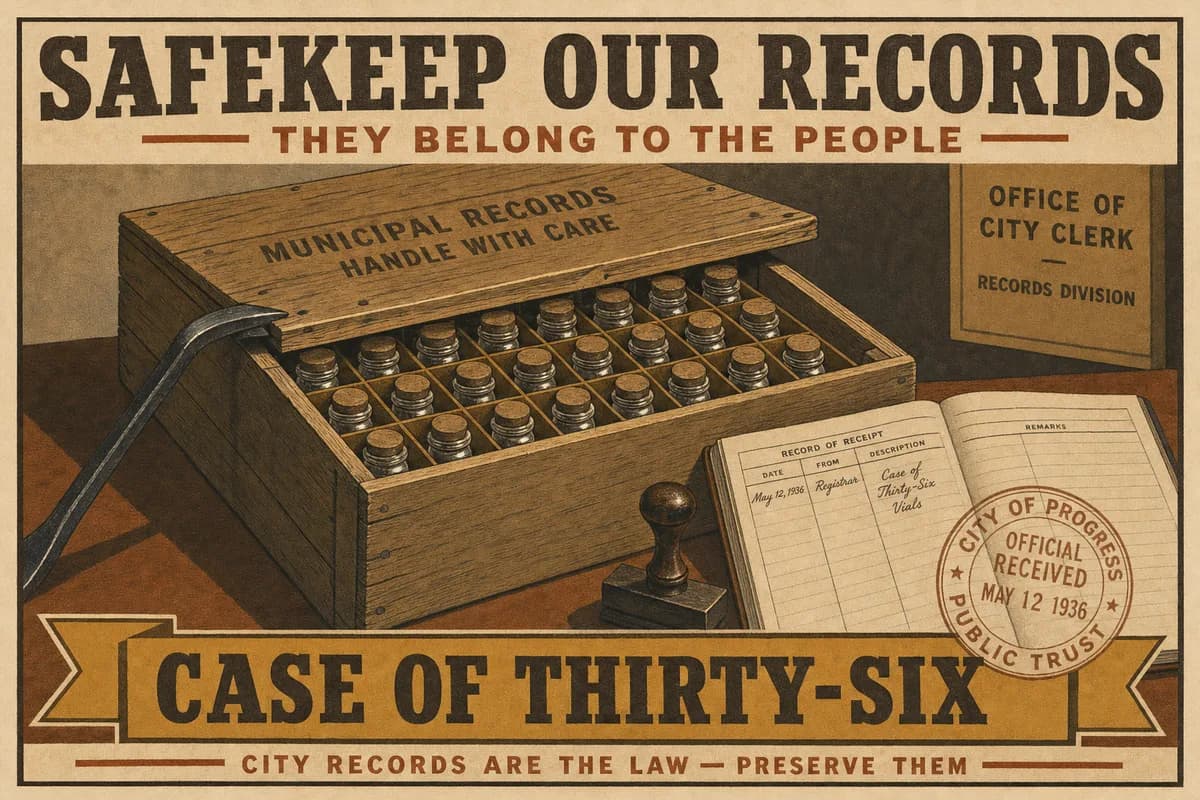 A WPA-style illustration of a wooden shipping case pried open on a clerk's counter, revealing rows of small sealed glass vials seated in cardboard dividers, an inkpad stamp and open ledger beside it, above a banner reading CASE OF THIRTY-SIX.