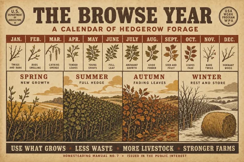 A calendar strip of the browse year from fresh spring growth to a bare winter with hay, each month's feed drawn above it.