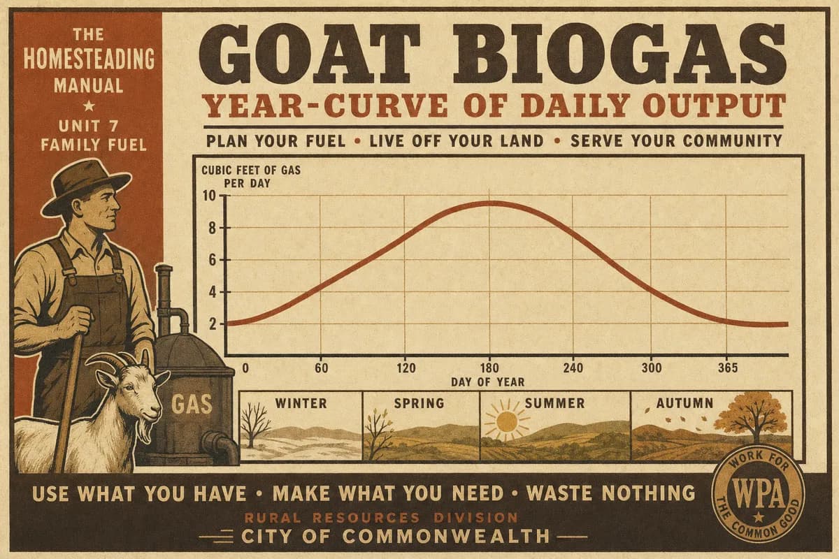 A year-curve of daily goat biogas output peaking in early summer and troughing in deep winter, seasons labeled beneath.