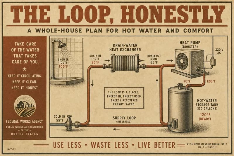 A loop diagram connecting a shower, drain exchanger, heat pump, and hot-water tank, with temperature figures at each junction.