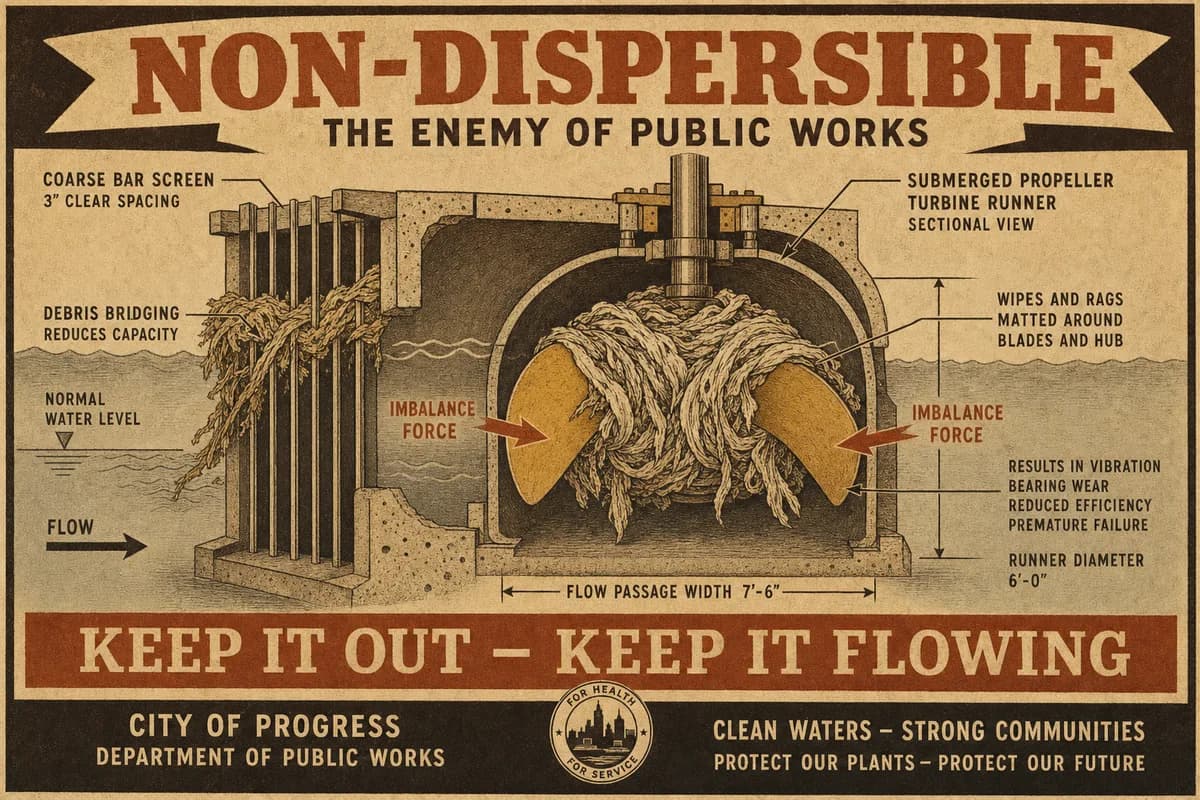 A Victorian engineering-textbook plate of a submerged propeller turbine runner wrapped in a dense rope of matted wipes, imbalance vectors drawn from the fouled blades, a bar screen upstream, under a banner reading NON-DISPERSIBLE