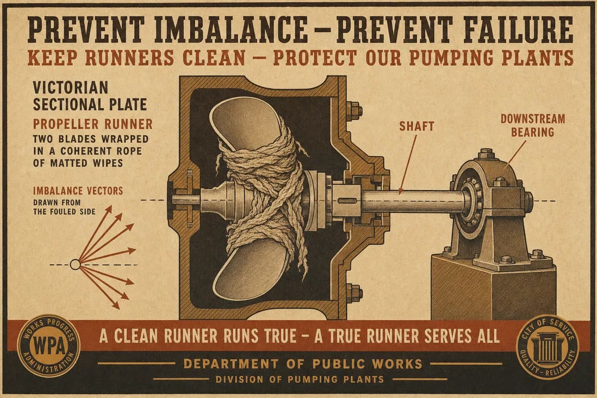 A sectional diagram of a turbine runner with two blades wrapped in matted debris and imbalance arrows pointing toward the bearing.