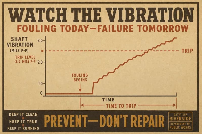 A strip chart of vibration rising from a flat baseline through a step to a dashed trip threshold.