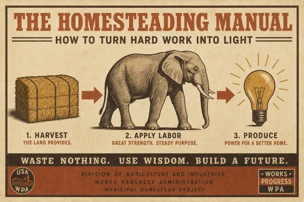 A flow diagram showing a hay bale, an elephant, and a single small lightbulb connected by arrows.