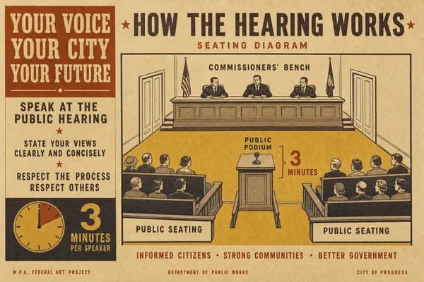 A seating diagram of a public hearing room with rows of chairs, a podium marked three minutes, and an elevated bench.