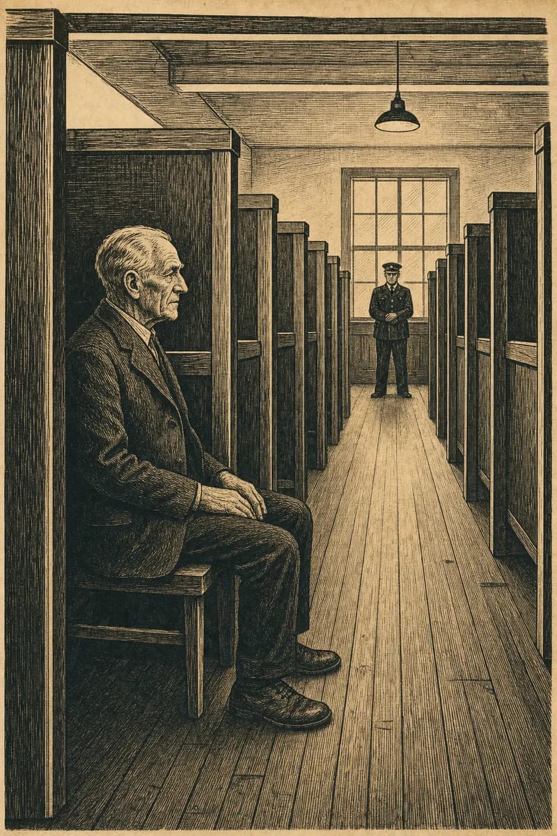 A woodcut of an elderly man sitting upright in a stall in an empty hall, watched from a distance by a warden.
