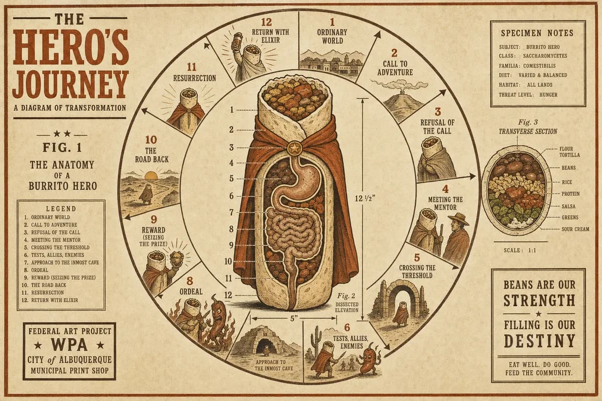A Victorian scientific plate showing a burrito rendered as a cloaked mythic hero, arranged around a circular monomyth diagram whose stages are labeled along the loop of a stylized alimentary canal.