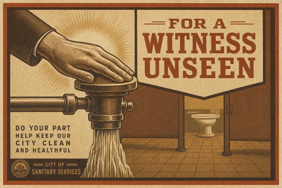 An engraving of a hand upon a flush lever with a faint radiant halo about it, water descending like an offering, a banner below reading FOR A WITNESS UNSEEN.