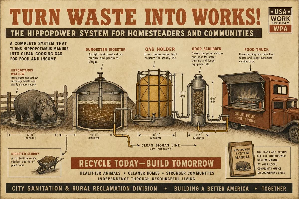 A cutaway showing a hippopotamus at a wallow, a domed digester, a gas holder, a scrubber, and a food truck with an open griddle, connected left to right by a labeled gas line.