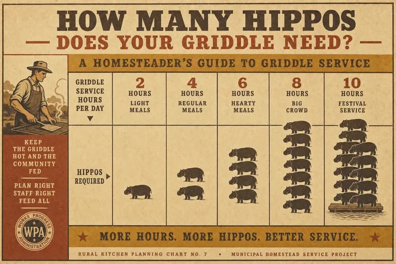 A ruled chart of griddle hours per day against stacked hippo silhouettes, from one hippo at two hours to ten at a festival.