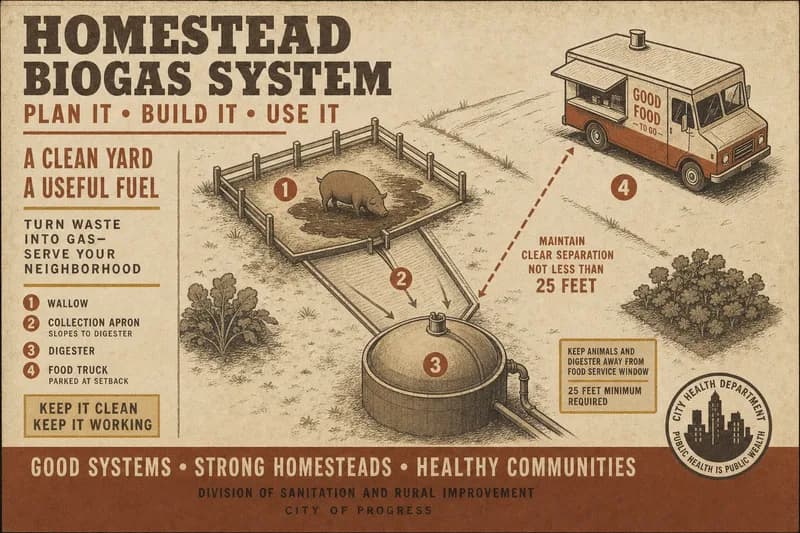 An overhead site plan showing a fenced wallow, a sloped collection apron to a digester, and a food truck set back behind a dotted separation line.