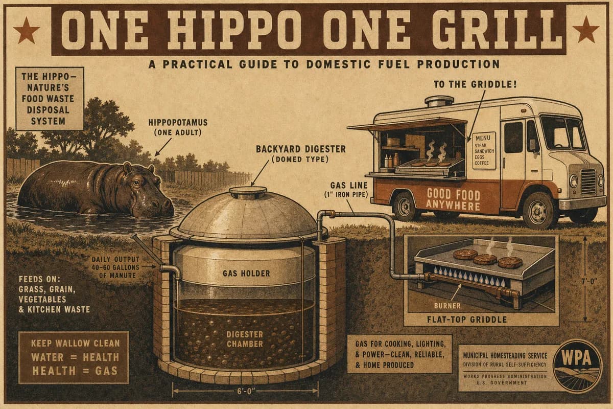 A homesteading-manual cutaway of an adult hippopotamus beside a domed digester piped to a food truck's griddle, dimension lines throughout, and a hand-lettered banner reading ONE HIPPO ONE GRILL
