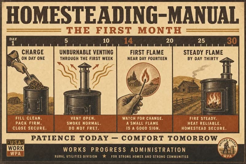 A one-month timeline marking the charge, a week of venting, a first flame near day fourteen, and steady gas by day thirty.