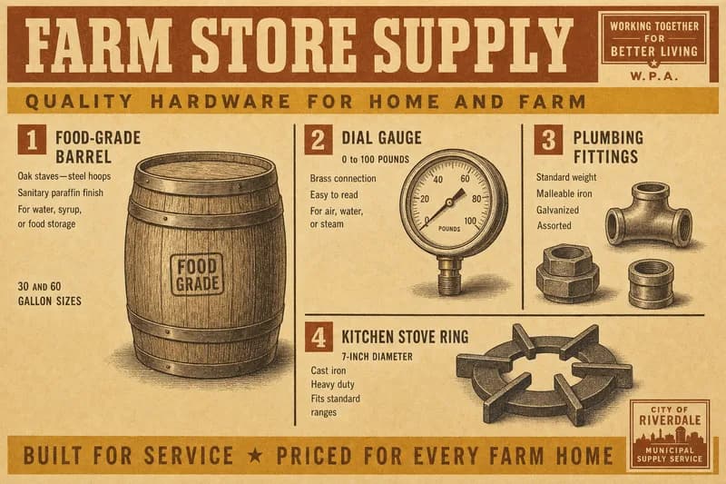 A catalog-style shelf of beginner biogas parts — barrel, dial gauge, plumbing fittings, and a stove ring — each numbered to a key.
