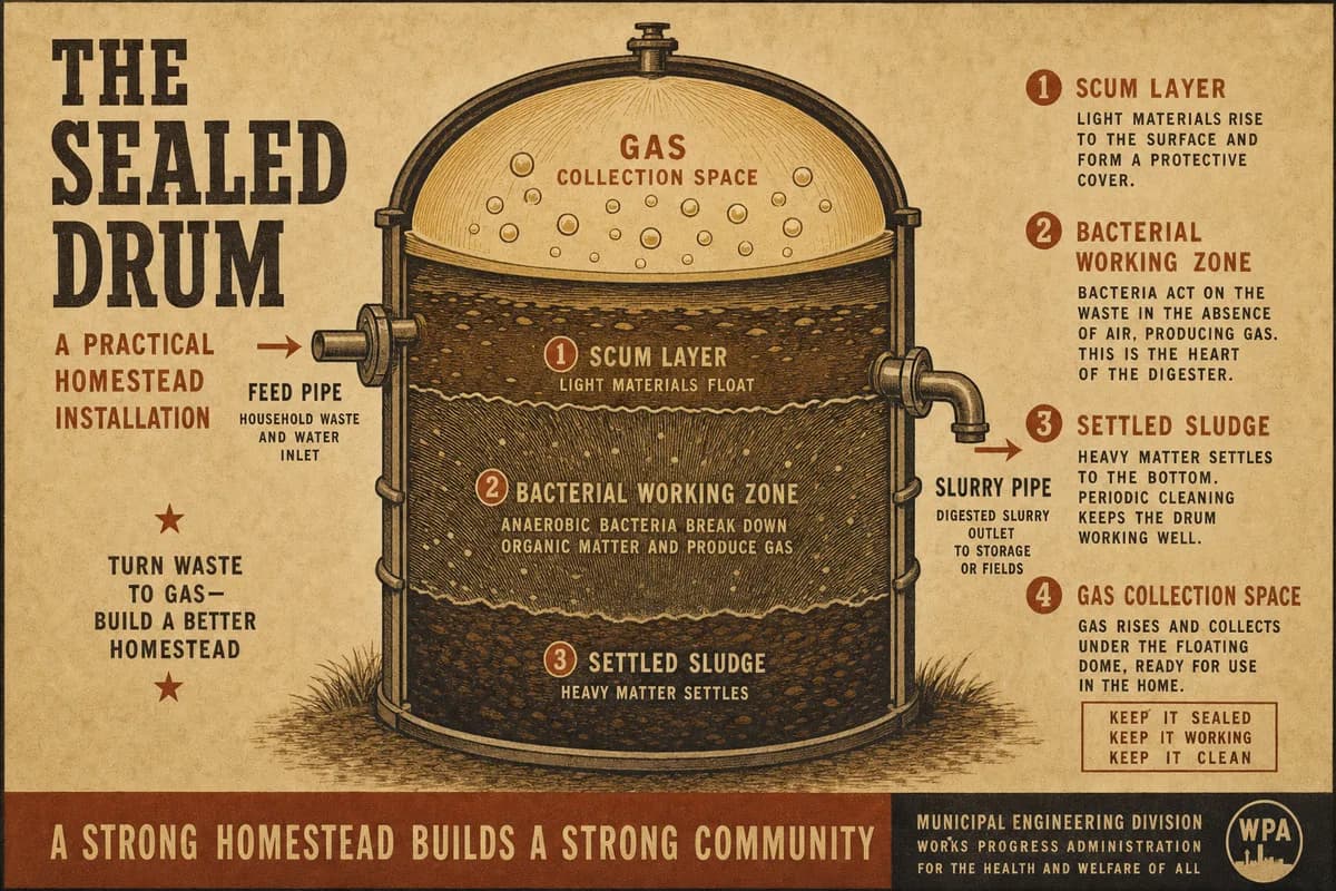 A cutaway of one sealed drum showing slurry, a bubbling working zone, and gas collecting under a floating dome, with feed and outlet pipes labeled.