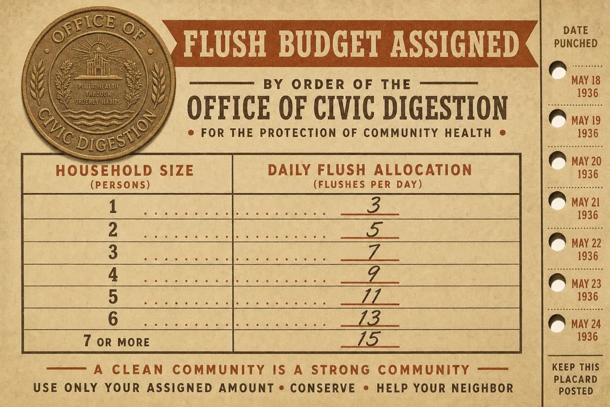 A municipal allocation placard bearing the seal of the Office of Civic Digestion, showing a ruled ledger of household sizes with a daily flush figure beside each, beneath a banner reading FLUSH BUDGET ASSIGNED.