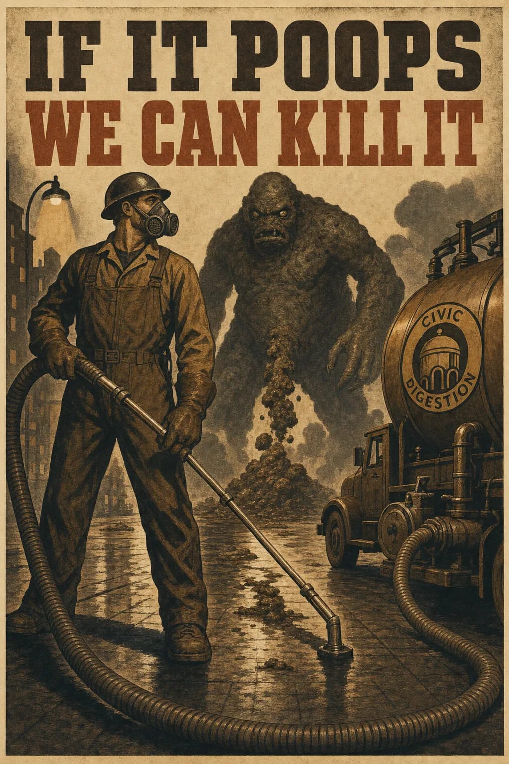 A civil-defense poster of a resolute municipal defense worker in coveralls, helmet and respirator standing firm with a collection hose as a hulking creature advances through smoke and deposits waste on the pavement, a municipal digester rig waiting at the right, captioned IF IT POOPS WE CAN KILL IT.
