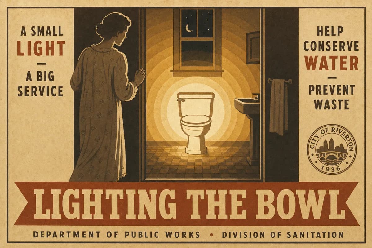 A 1930s-style municipal poster of a person in a nightgown pausing in a dark bathroom doorway, a toilet bowl glowing softly at the room's center like a small hearth, beneath the words LIGHTING THE BOWL.