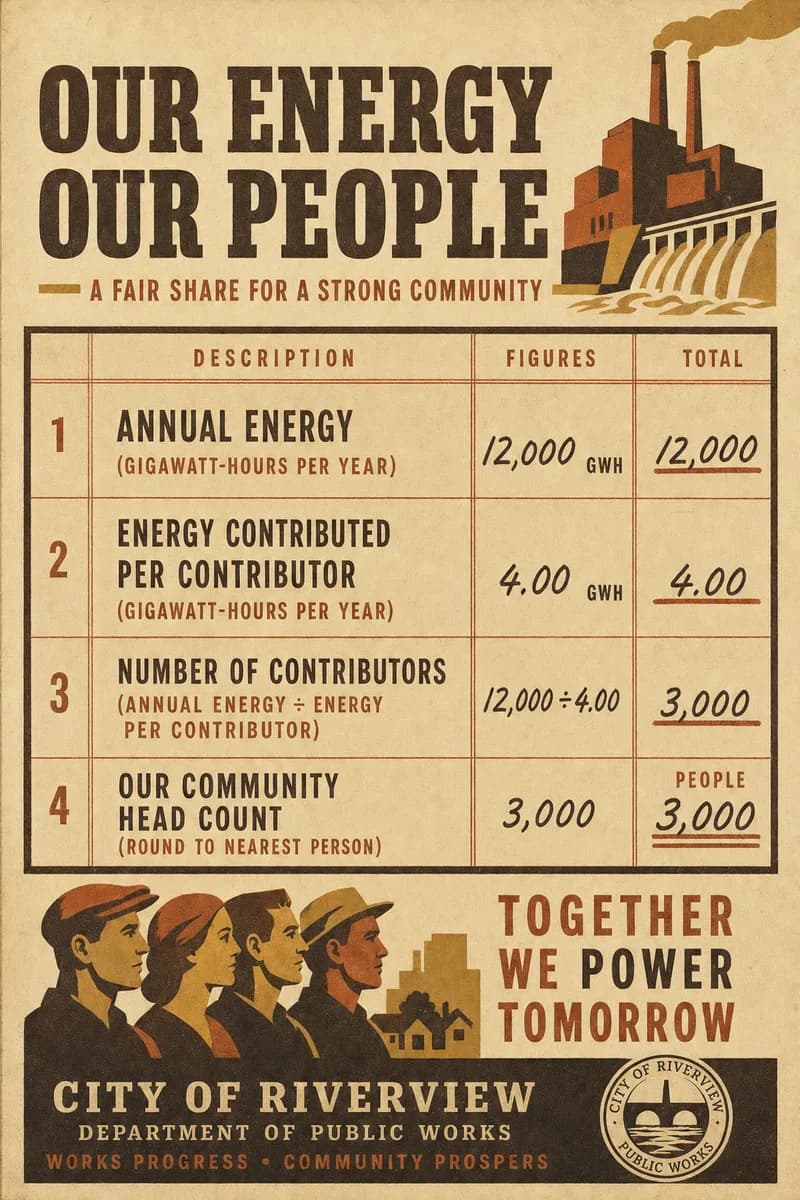 A ruled ledger with four stacked rows converting annual gigawatt-hours into a contributor head count, each row hand-totaled.
