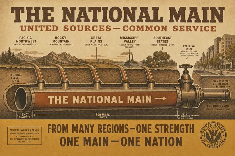 A sectional view of a large trunk pipeline labeled national main with regional tributary feeders joining it and a reducing valve at one end.