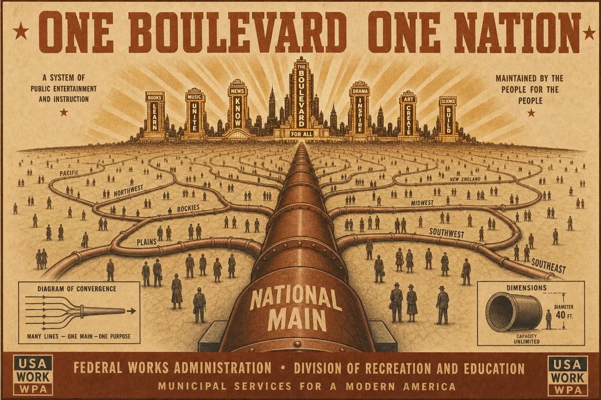 A Victorian scientific rendering of a glowing boulevard of towers and marquees on the horizon, fed by a single enormous trunk pipeline labeled the national main, tributary lines gathering into it from a continent-wide field of small figures, a banner reading ONE BOULEVARD, ONE NATION