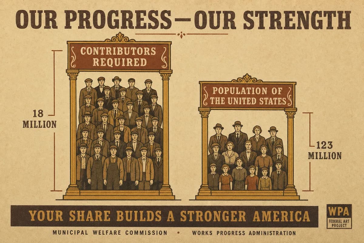 Two columns, one labeled contributors required drawn about a third taller than one labeled United States population.