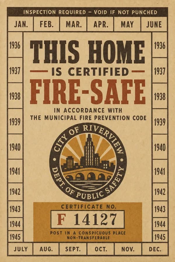 A certification placard with an official seal, a certificate number field, and a punched inspection grid around the border.
