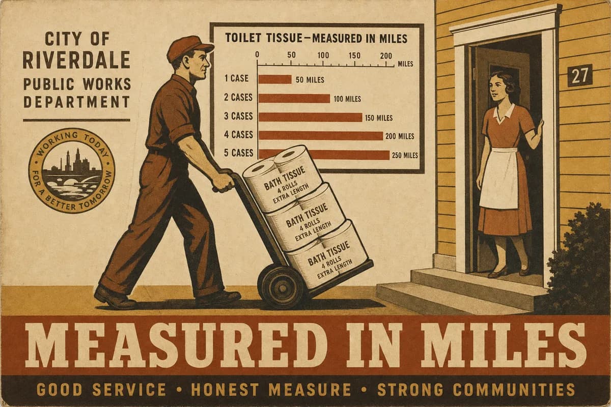 A poster-style illustration of a worker delivering stacked cases of jumbo toilet-paper rolls to a house door, a distance chart on the wall behind him, beneath the words MEASURED IN MILES.
