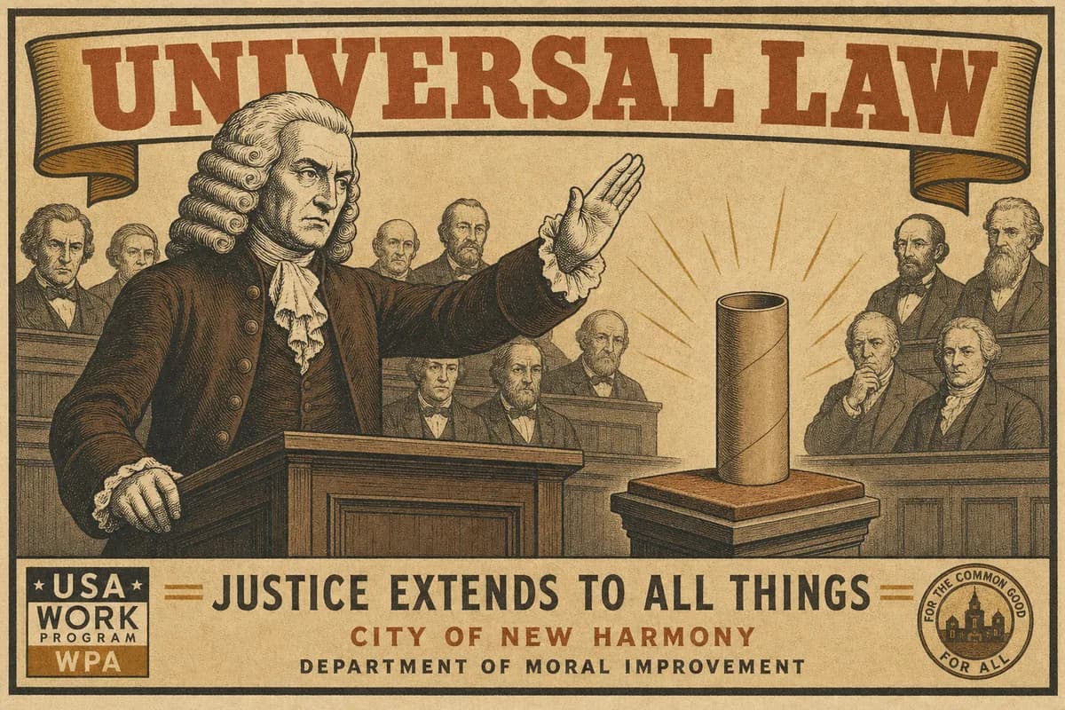 An engraving of a stern periwigged philosopher at a lectern gesturing toward an empty cardboard toilet-paper tube displayed on a pedestal, a banner reading UNIVERSAL LAW above.