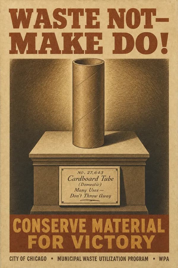 An engraving of a bare cardboard tube standing on a plinth like a museum object with a small placard.
