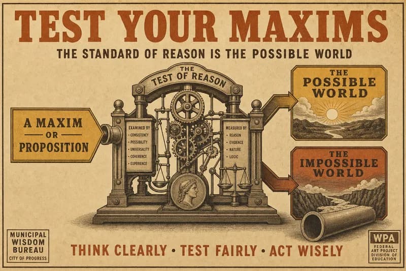 An engraved flowchart showing a maxim fed through a testing apparatus toward two exits, an empty tube at one exit.