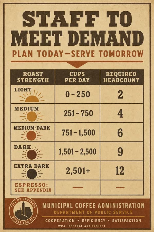 A ruled table listing coffee strengths, cups per day, and a required-headcount column that rises sharply.